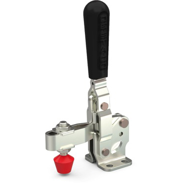 Vertical hold down clamp with flanged base and U-bar.