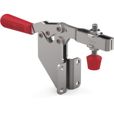 Low profile, horizontal hold down clamp with neoprene spindle, front mount base, and U-bar.