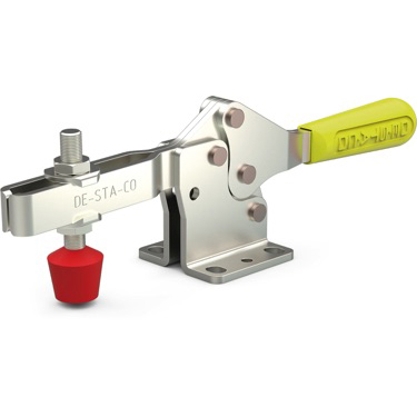 Low profile, horizontal hold down clamp with large hand clearance, flanged base, and U-bar.
